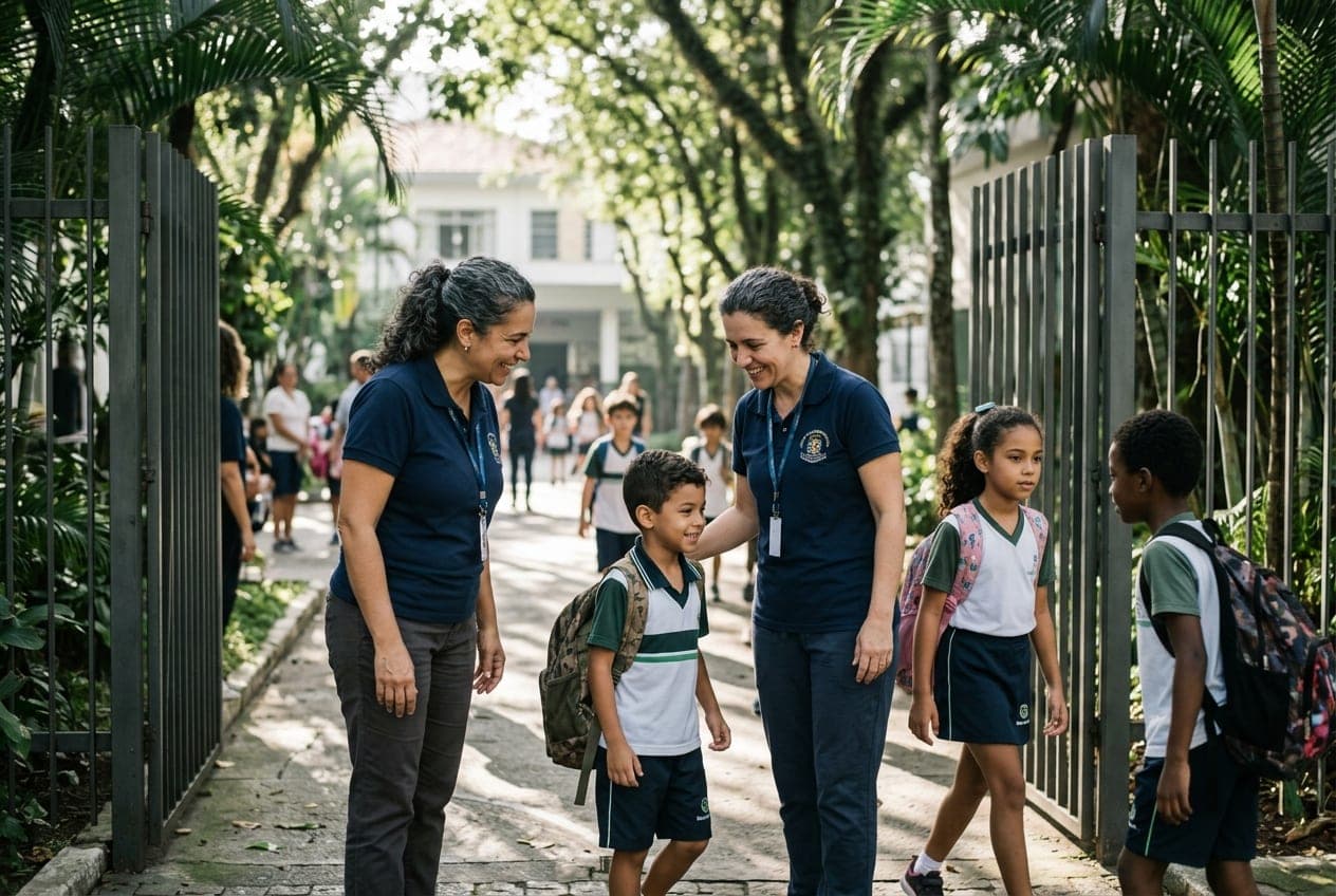 Funcionárias da escola recebendo os alunos no portão, na entrada da manhã