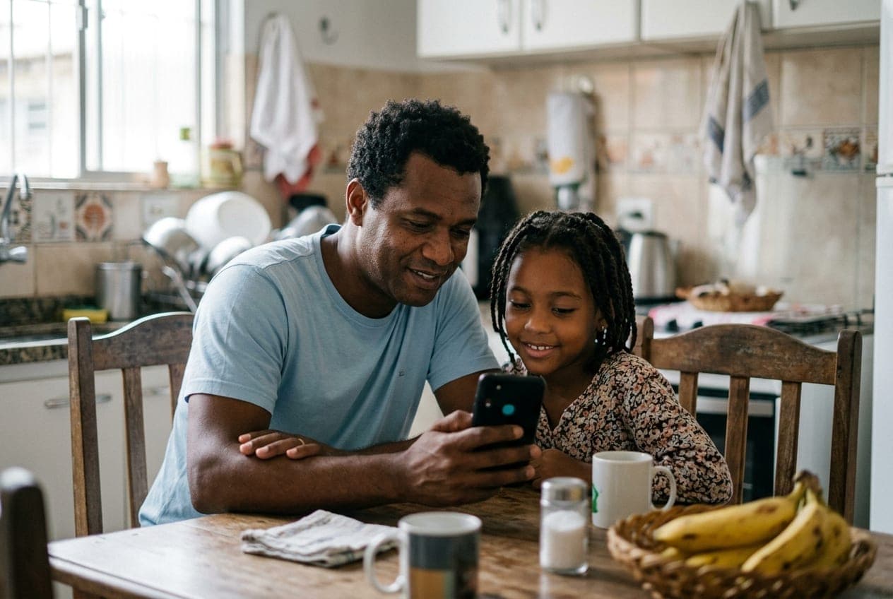 Pai e filha olhando o celular na cozinha