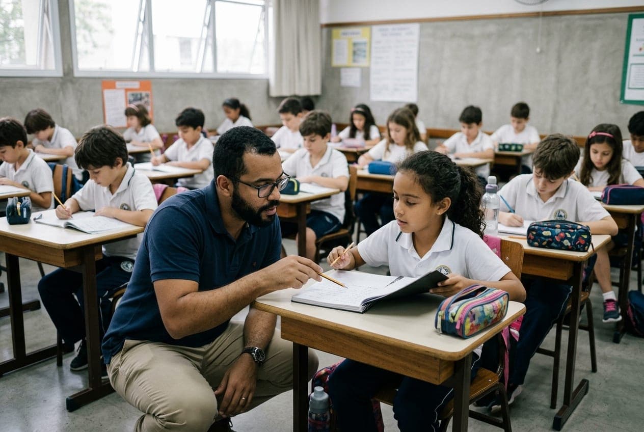 Professor agachado ao lado de uma aluna, ajudando com o caderno durante a aula