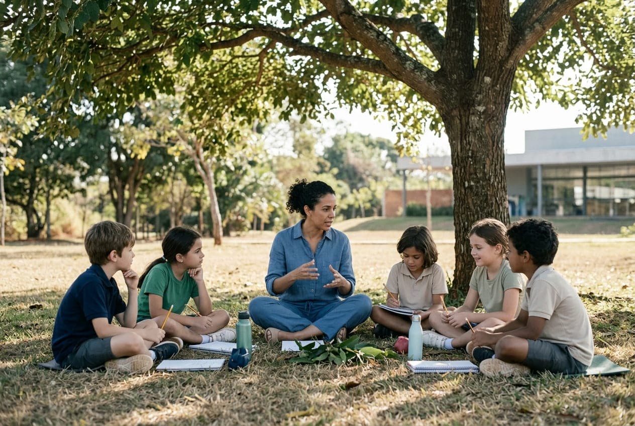Professora conversando com alunos embaixo de uma árvore