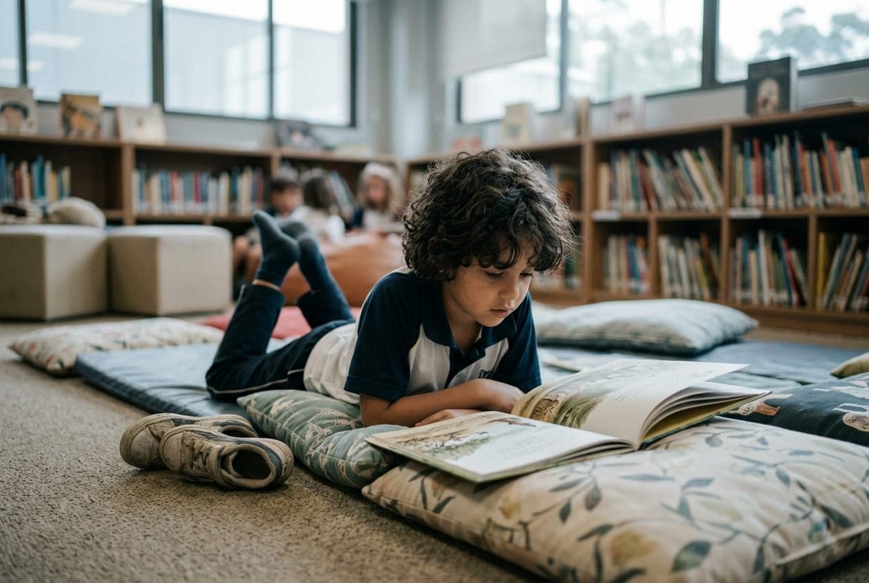 Menino lendo deitado nas almofadas da biblioteca