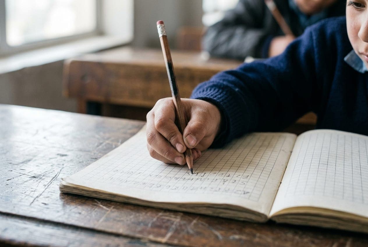 Mão de criança escrevendo no caderno quadriculado