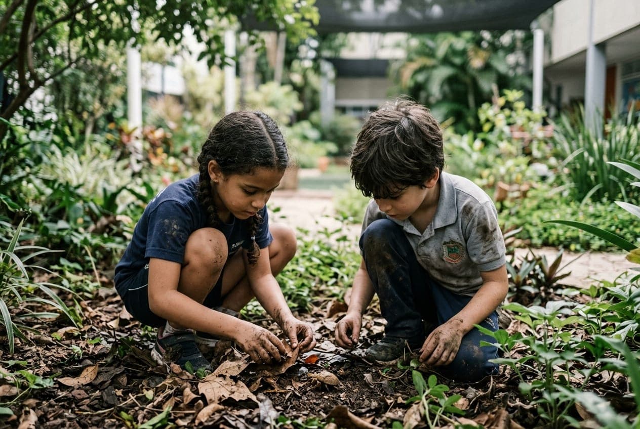 Duas crianças descobrindo a terra na horta da escola