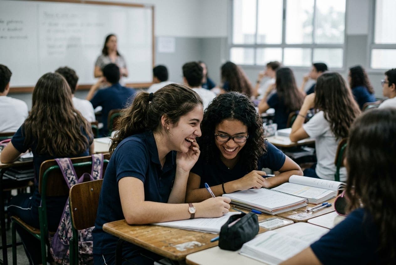 Duas alunas rindo juntas durante a aula
