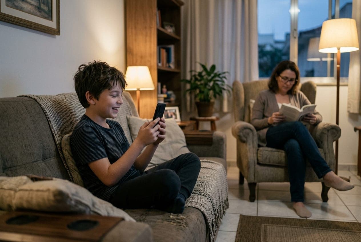 Menino usando o celular no sofá enquanto a mãe lê
