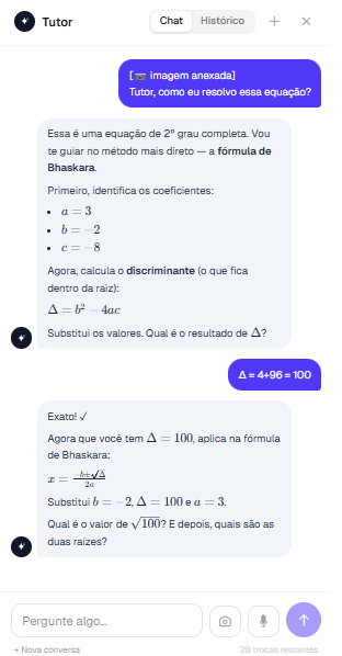 Chat do tutor guiando o aluno por perguntas