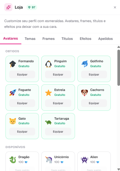 Loja de avatares, frames e temas
